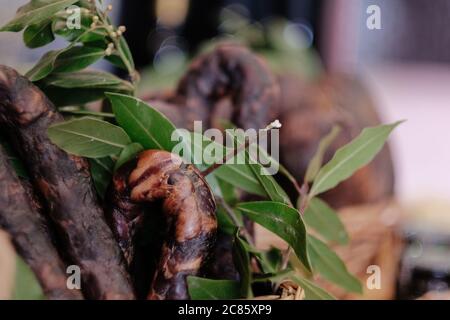 Gros plan de différents types de saucisses accrochées sur le branches Banque D'Images