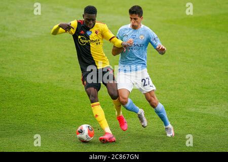 Watford, Royaume-Uni. 21 juillet 2020. Lors du match de la première Ligue entre Watford et Manchester City à Vicarage Road, Watford, Angleterre, le 21 juillet 2020. Les stades de football autour de l'enceinte restent vides en raison de la pandémie Covid-19, car les lois de distanciation sociale du gouvernement interdisent aux supporters de se trouver dans les lieux, ce qui entraîne le jeu de tous les matchs derrière des portes fermées jusqu'à nouvel ordre. Photo d'Andy Rowland. Crédit : images Prime Media/Alamy Live News Banque D'Images