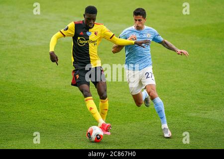 Watford, Royaume-Uni. 21 juillet 2020. Lors du match de la première Ligue entre Watford et Manchester City à Vicarage Road, Watford, Angleterre, le 21 juillet 2020. Les stades de football autour de l'enceinte restent vides en raison de la pandémie Covid-19, car les lois de distanciation sociale du gouvernement interdisent aux supporters de se trouver dans les lieux, ce qui entraîne le jeu de tous les matchs derrière des portes fermées jusqu'à nouvel ordre. Photo d'Andy Rowland. Crédit : images Prime Media/Alamy Live News Banque D'Images