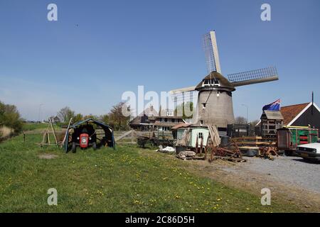 Un petit tracteur rouge dans une tente à côté du moulin à vent appelé de Sluismolen dans le village hollandais de Koedijk. Printemps pays-Bas, avril Banque D'Images