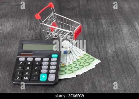 Panier et Calculatrice. Calcul de coût d'achat. Shopping consept, euro argent, calculatrice et panier. Panier avec euro sur gris 24. Copie Banque D'Images