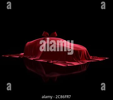 Prix voiture de luxe recouvert d'un tissu de qualité supérieure sur fond noir. Tissu en velours rouge. Cadeau surprise avec noeud papillon Banque D'Images