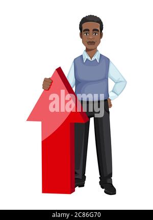 Homme d'affaires afro-américain debout près de la grande flèche rouge. Charmant homme d'affaires, charmant et joyeux. Illustration vectorielle Illustration de Vecteur