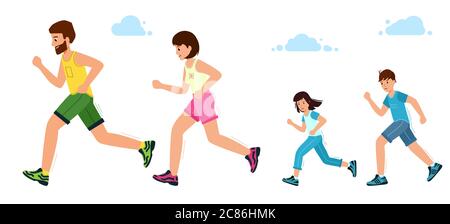 Bonne famille sur un jogging. Père, mère, fille et fils sont en train de courir. Entraînement en plein air, athlétisme. Un mode de vie actif sain. Illustration vectorielle dans Illustration de Vecteur