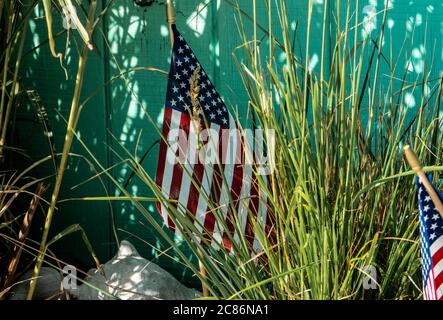 Petit drapeau américain planté dans un terrain de jardin. Banque D'Images
