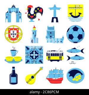 Icônes du Portugal dans un style plat. Symboles traditionnels, dont le fado de guitare, l'emblème portugais, le Christo rei, le coq, le vin de porto. Illustration de Vecteur