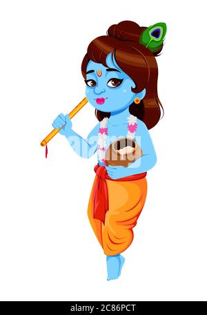 Heureux Krishna Janmaschtami, ensemble de trois poses. Seigneur Krishna avec flûte et pot. Bonne fête de Janmashtami en Inde. Illustration vectorielle isolée sur W Illustration de Vecteur