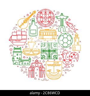Concept Portugal Round avec icônes en style ligne. Symboles traditionnels avec culture nationale, cuisine et attractions. Bannière de voyage ou affiche templ Illustration de Vecteur