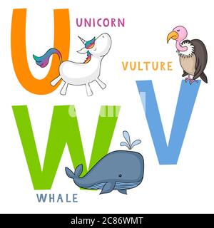 Alphabet des animaux anglais U, V et W des lettres avec cute cartoon unicorn, vautour et whale Banque D'Images