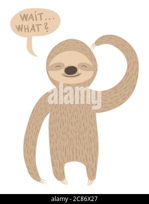 Cute cartoon sloth avec visage endormi debout et en se grattant la tête. Vous pouvez ajouter votre propre texte à la bulle. Banque D'Images