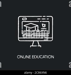 L'icône blanche de la craie de l'enseignement en ligne sur fond noir. École Internet, e-learning. Études à distance, éducation à domicile. Cours de formation à distance, webinaire Illustration de Vecteur