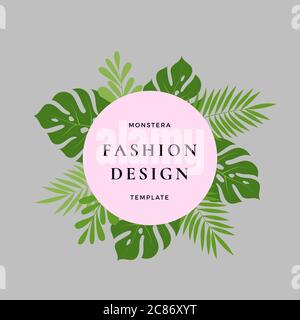 Carte de motif feuilles tropicales Monstera à motif palmiers. Feuillage vert abstrait avec bannière ronde et Typographie classique. Couleurs pastel roses. Illustration de Vecteur