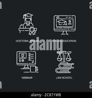 Les icônes blanches de craie de l'enseignement supérieur moderne sont placées sur fond noir. Études doctorales, faculté de droit, cours de formation en ligne et webinaires. Diplôme d'obtaini Illustration de Vecteur