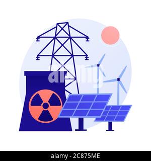 Réacteur atomique, moulin à vent et batterie solaire, métaphore du concept de vecteur de production d'énergie. Illustration de Vecteur