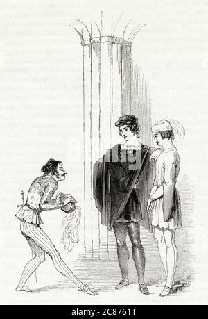 Illustration de Kenny Meadows à Hamlet, Prince de Danemark, par William Shakespeare. Le courtisan flamboyant, Osric, vient à Hamlet avec un message du roi Claudius, l'invitant à se battre en duel "amical" avec Laertes. Banque D'Images