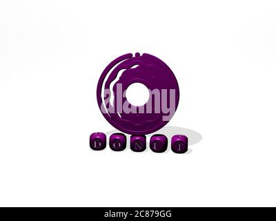 Image graphique 3D de donut verticalement avec texte construit par des lettres métalliques cubes de la perspective supérieure, excellent pour la présentation de concept et les diaporamas. Arrière-plan et illustration Banque D'Images