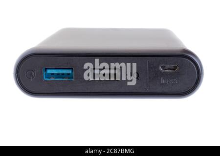 Batterie (chargeur de batterie) avec port usd de charge à grande vitesse isolé sur un fond blanc Banque D'Images