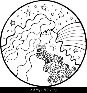 Contes de fées coloriage page avec fille avec fleur dans les cheveux. Illustration vectorielle dessinée à la main avec femme, étoile, lune, ciel nocturne et arc-en-ciel. Art pour le design, Illustration de Vecteur