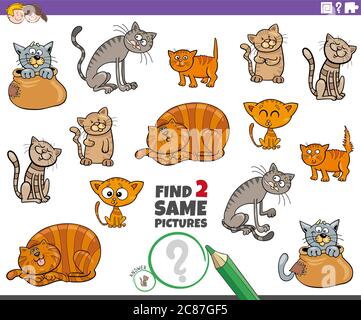Dessin animé Illustration de trouver deux mêmes images tâche éducative pour les enfants avec des chats et chatons drôle personnages animaux Illustration de Vecteur