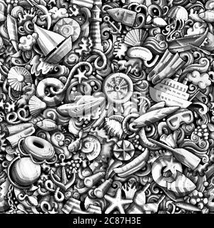 Dessin animé adorable dessins à la main Marine sans coutures. Illustration de Vecteur