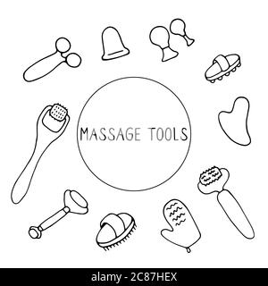 Outils de massage. Masseurs pour le visage et le corps. Equipement de drainage, de levage de serrage de la peau et de santé. Brosses anti-cellulite, rouleaux de massage et Illustration de Vecteur