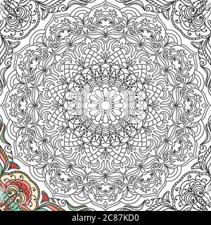 Mandala à la main et motif fleuri. Page de livre de coloriage. Modèle de traitement anti-stress. Décoration vectorielle abstraite ronde à fleurs en noir et blanc Illustration de Vecteur
