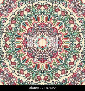 Motif fleuri coloré sans couture dessiné à la main avec mandala. Décoration ronde dans des couleurs rétro. Motif oriental traditionnel, illustration vectorielle Illustration de Vecteur