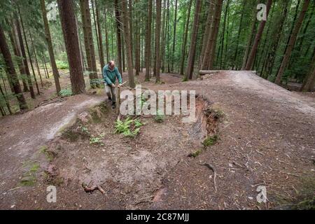 17 juillet 2020, Bavière, Nuremberg: Hans-Joachim Ulrich, forestier de la forêt bavaroise, étudie un parcours de saut dans le Reichswald de Nuremberg qui a été construit par les motards eux-mêmes et qui doit être enlevé. Au milieu de la forêt, il ya des sauts élevés dans de nombreux endroits - auto-construit avec des planches et des troncs d'arbre et pas toujours sans danger. En raison des dommages causés à la forêt et à la nature, mais aussi en raison du danger d'accidents, certains sauts à ski seront démolis. (À dpa 'l'ardeur de la construction dans la forêt: Des problèmes avec les pistes illégales de VTT') photo: Danie Banque D'Images