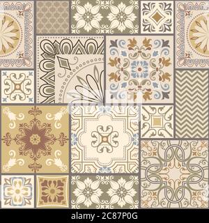 Carreaux patchwork sans couture aux motifs victoriens dans des couleurs rétro. Vecteur. Illustration de Vecteur