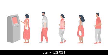 File d'attente vers le distributeur automatique de billets. Les gens attendent en file d'attente pour retirer de l'argent d'un guichet automatique. Illustration vectorielle de style plat. Illustration de Vecteur