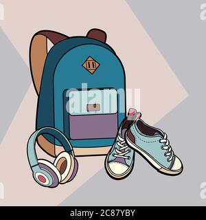 Ensemble sac à dos, baskets et écouteurs Vector Isolate. Affiche pour affiche de l'affiche du logo de l'illustration des chaussures à dos hipster mode pour jeunes Illustration de Vecteur