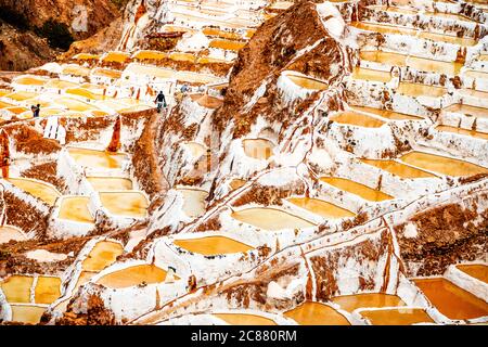 Salinas de Maras près de Cusco, extraction de sel au Pérou Banque D'Images
