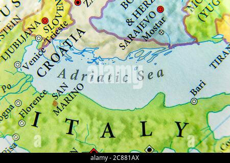 Carte géographique de la mer Adriatique européenne proche Banque D'Images