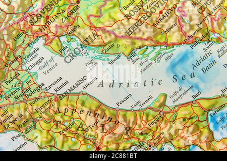 Carte géographique de la mer Adriatique européenne Banque D'Images