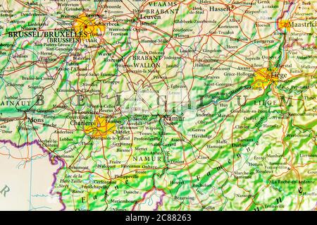 Carte géographique du pays européen Belgique avec des villes importantes Banque D'Images