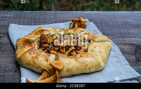 Tarte ouverte fraîchement cuite à base de champignons et de pommes de terre de chantarelles Banque D'Images