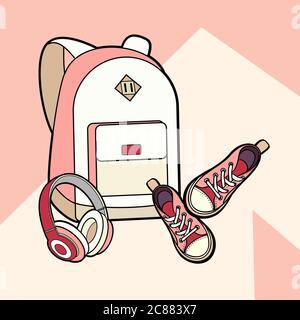 Ensemble sac à dos, baskets et écouteurs Vector Isolate. Affiche pour affiche de l'affiche du logo de l'illustration des chaussures à dos hipster mode pour jeunes Illustration de Vecteur