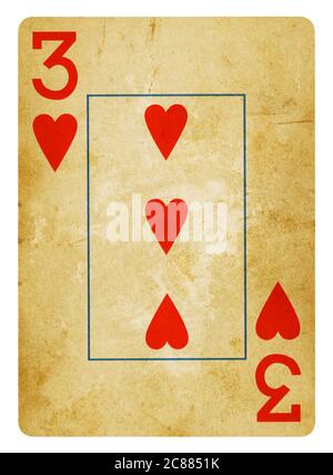 Trois des coeurs Vintage playing card - isolated on white (chemin inclus) Banque D'Images