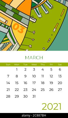 2021 mars calendrier abstrait art contemporain vecteur. Modèle de calendrier 2021 coloré pour le mois 03, 2021 de bureau Illustration de Vecteur