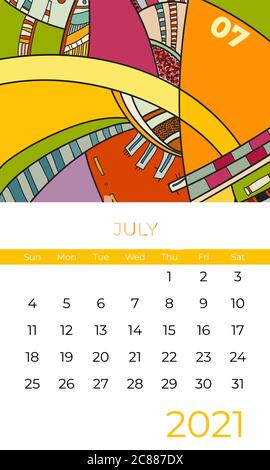 2021 juillet calendrier abstrait art contemporain vecteur. Modèle de calendrier 2021 coloré pour le mois 07 2021 de bureau, écran et bureau Illustration de Vecteur
