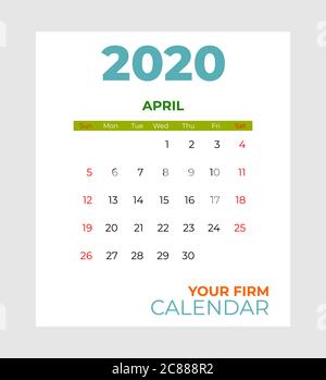 2020 avril modèle de vecteur de calendrier. Résumé vide isolé ensemble 2020 calendrier. Écran bureau mois 2020 ordre du jour Illustration de Vecteur