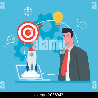 concept de démarrage d'affaires, bannière, processus de démarrage d'objet d'affaires, homme d'affaires avec fusée et icônes d'affaires Illustration de Vecteur