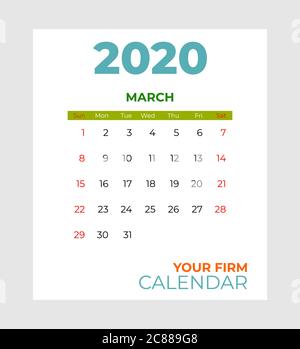 modèle de vecteur de calendrier de mars 2020. Résumé vide isolé ensemble 2020 calendrier. Écran bureau mois 2020 ordre du jour Illustration de Vecteur