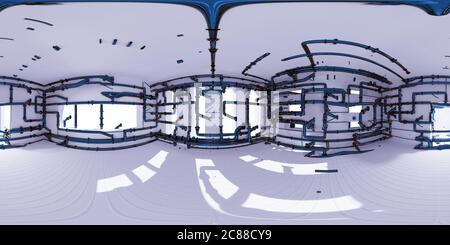 Carte HDRI 4K, arrière-plan panoramique d'environnement sphérique, pièce avec conduits, rendu de source lumineuse intérieure (rendu 3d équirectangulaire) Banque D'Images