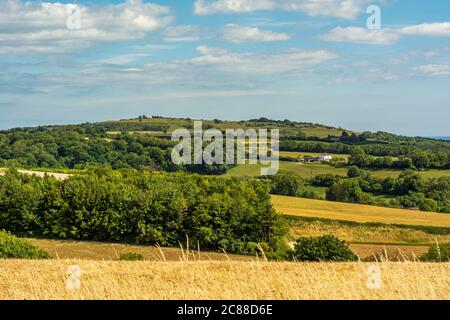 Une vue sur les terres agricoles près de Findon Village jusqu'à la colline de l'âge de fer fort de Cissbury Ring dans le parc national de South Downs, West Sussex, Angleterre, Royaume-Uni. Banque D'Images