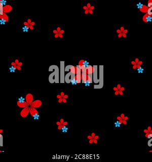 Motif sans couture avec fleurs rouges et bleues sur fond noir. Banque D'Images
