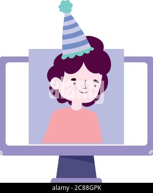 fête en ligne, rencontre avec des amis, homme avec un chapeau dans l'ordinateur vidéo célébrant l'illustration vectorielle d'événement Illustration de Vecteur