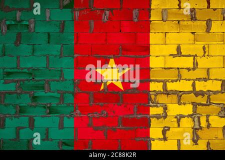 Le drapeau national du Cameroun peint sur un mur de blocs de sibit avec du ciment . Le symbole du pays. Banque D'Images