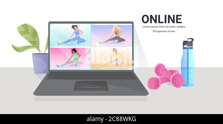 mix race femmes faire des exercices de forme physique de yoga sur l'écran d'ordinateur portable entraînement en ligne sain style de vie concept horizontal copier espace illustration vectorielle Illustration de Vecteur