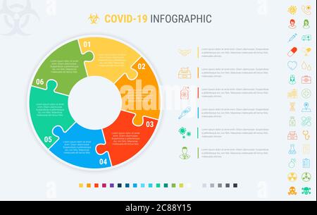 Modèle d'infographie modulaire du coronavirus avec 6 étapes. Diagramme, chronologie et calendrier colorés Covid-19 isolés sur fond clair. Illustration de Vecteur